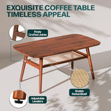 Bme Nancy Solid Acacia Wood Coffee Table for Living Room, Spacious Oval-Shaped 237 Lbs Top Capacity, Rattan Shelf Below, Mid Century, Rustic and Modern Style Living Room Furniture, Dark Chocolate Bme