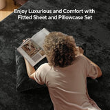 BEDELITE Velvet Fitted Sheet and Pillowcases Set, Luxury Soft Fuzzy Bottom Sheet with Reinforced Elastic Corner Straps, Deep Pocket up to 15 Inch, 1 Fitted Sheet and 2 Pillowcases (Queen, Black) BEDELITE