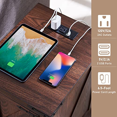 JXQTLINGMU Nightstand with Charging Station, Rectangular Farmhouse End Table with Barn Door and Adjustable Storage Shelf, 17" Deep Wood Rustic Sofa Side Table for Living Room, Bedroom, Brown JXQTLINGMU