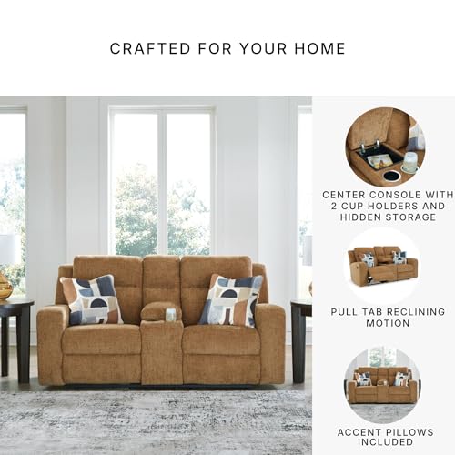 Signature Design by Ashley Kanlow Contemporary Manual Double Reclining Loveseat with Console, Storage, Cup Holders and 2 Accent Pillows, Light Brown Signature Design by Ashley