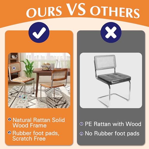 Alunaune Modern Mid Century Dining Chairs Set of 2, Upholstered Natural Rattan Kitchen Chairs Accent Chair, Armless Side Chairs with Metal Chrome Legs for Bedroom Living Room-Brown Alunaune