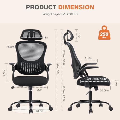 Sweetcrispy Home Office Managerial Executive Chair, High-Back Mesh with Adjustable Headrest, Flip-up Armrest Comfortable Lumbar Support, Comfy Arms for Bedroom,Study,Student Sweetcrispy