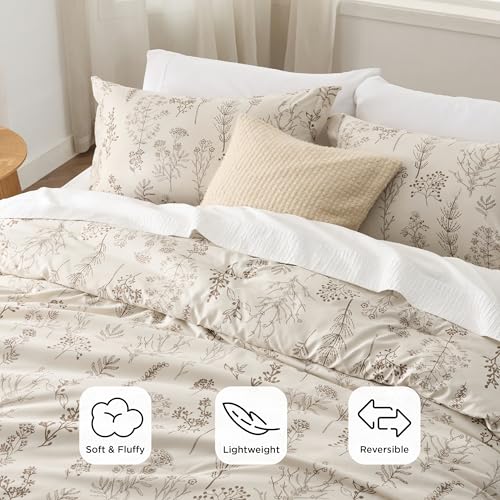 Bedsure Queen Comforter Set - Beige Bed Set, 3 Pieces Cute Floral Bedding, 1 Soft Botanical Flowers Comforter and 2 Pillow Shams Bedsure