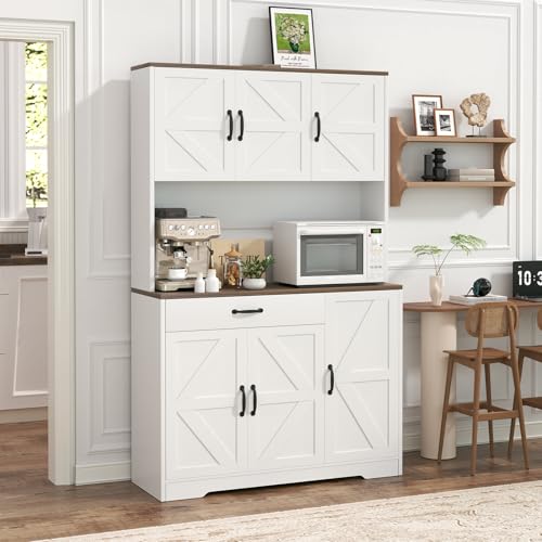 GRUSIGN 71" Pantry Cabinet with Charging Station, Large Capacity Kitchen Hutch Storage Cabinet, Kitchen Cabinet with Microwave Stand, Storage Drawers & Adjustable Shelves for Dining Room, White GRUSIGN