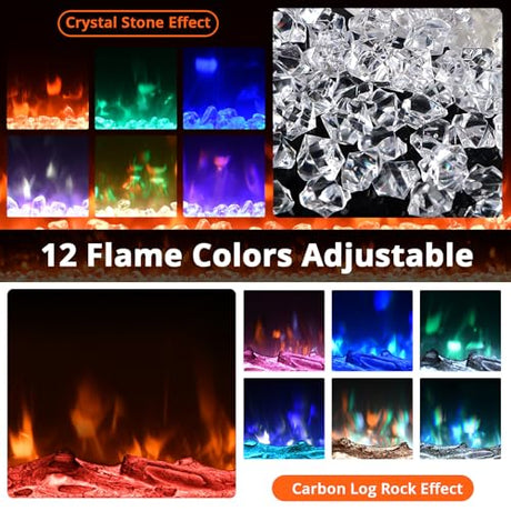 Takywep 50" Electric Fireplace Wall Mounted and Recessed with Remote Control, 750/1500W Ultra-Thin Wall Fireplace Heater W/Timer Adjustable Flame Color and Brightness, Log Set & Crystal Options Takywep