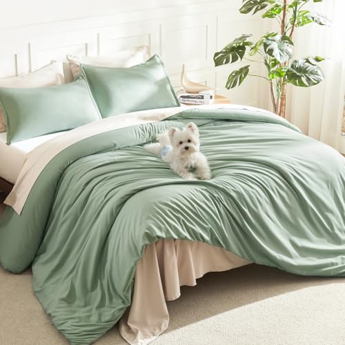 Litanika Queen Comforter Set Sage Green, 3 Pieces Lightweight Comforters Queen Size Solid Bedding Comforters Sets, Down Alternative Comforter Bed Set Quilt Blanket Litanika