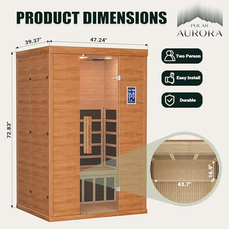 Polar Aurora 2- Person Infrared Sauna, Remotely Controllable Indoor Sauna, Low EMF 1500W/120V LCD Heater, WiFi & BT Control, 9-Color Light Therapy, Safe Flame-Retardant Material, Wood Polar Aurora