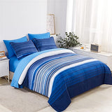 KAKIJUMN 7 Piece Bed in a Bag Stripe Comforter Set Full Size, White and Blue Patchwork Striped Comforter and Sheet Set, All Season Soft Microfiber Complete Bedding Sets(Blue,Full) KAKIJUMN