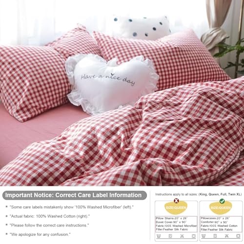 mixinni Red Gingham Comforter Set Twin XL, Plaid Comforter Set 3 Pieces 1 Red Grid Comfoter with 2 Pillow Cases for All Seasons, Soft Fluffy Modern Grid Pattern Printed Bedding-Twin XL Size mixinni