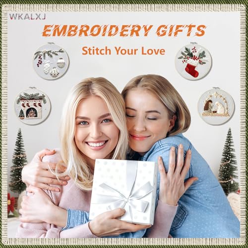 WKALXJ 4 Sets Embroidery Kits for Beginners Adults, Cross Stitch Kits, Needlepoint Kits with Instruction, Video, Needle Point Kits with Holly Fireplace Stocking Nativity Patterns (Christmas A)