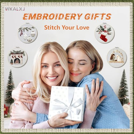 WKALXJ 4 Sets Embroidery Kits for Beginners Adults, Cross Stitch Kits, Needlepoint Kits with Instruction, Video, Needle Point Kits with Holly Fireplace Stocking Nativity Patterns (Christmas A) WKALXJ