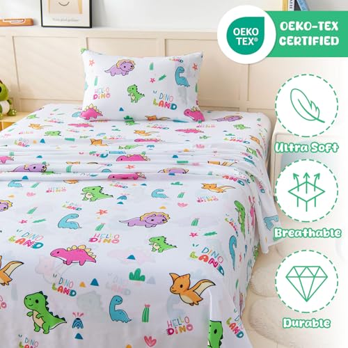 Swiftify Queen Sheet Set for Kids Boys & Girls, 4-Piece Bed Sheet Set for Teens Boys Girls, Cartoon Printed Bedding Set, Microfiber Deep Pocket, Wrinkle & Fade Resistant, Cute Dinosaur Swiftify