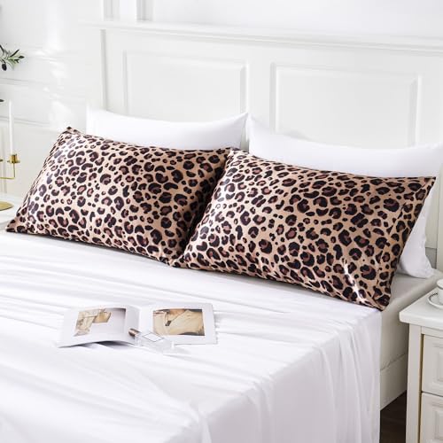 MR&HM Satin Pillowcase for Hair and Skin, Silk Satin Pillowcase 2 Pack, Queen Size Pillow Cases Set of 2, Silky Pillow Cover with Envelope Closure (20x30, Brown Leopard) MR&HM