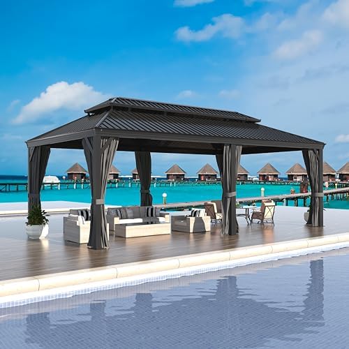 Yardenaler 14x20 FT Hardtop Gazebo Canopy with Double Galvanized Steel Roof, Permanent Outdoor Pavilion with Curtain & Mesh Netting for Patio. Garden, Backyard, Black Yardenaler