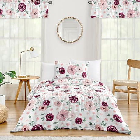 Sweet Jojo Designs 2-Piece Twin Comforter Set (Red/Grey Boho Floral) for Girls, Kids, Teen, College Bed Room incl. Single Size Bedding & Sham (Watercolor, Flower, Elegant Rose, Farmhouse, Burgundy) Sweet Jojo Designs
