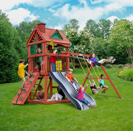 Gorilla Playsets 01-0036-GREY Double Down II Wood Swing Set with Wood Roof, Two Slides, Two Swings, Sandbox Area, Rock Wall, Redwood Color Gorilla Playsets
