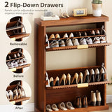 knoworld Walnut Shoe Cabinet Storage for Entryway,2 Flip Drawers with Toe Kick Space,Narrow Wood Fluted Shoe Rack Cabinet,Fluted Slim Shoe Cabinet for Foyer,Hallway knoworld