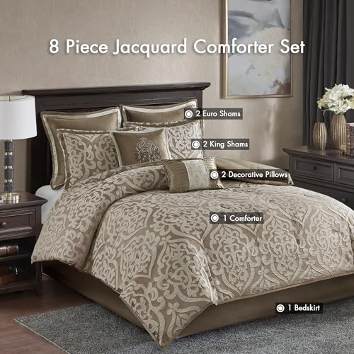 Madison Park Odette Cozy Comforter Set Jacquard Damask Medallion Design - Modern All Season, Down Alternative Bedding, Shams, Decorative Pillows, Cal King(104 in x 92 in), Tan 8 Piece Madison Park
