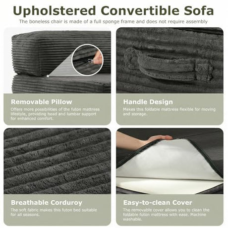 NLDD 5-in-1 Convertible Sofa Bed, Boneless Loveseat Sleeper, Tri-fold Futon Sofa Bed with Removable Cushions & Washable Cover, Pull Out Couch with Handle, for Small Spaces, Queen Size, Grey NLDD