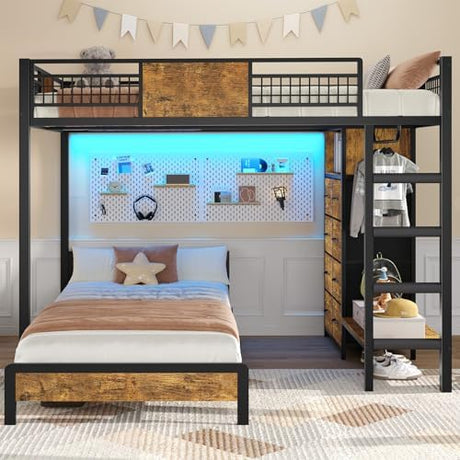 ADORNEVE Bunk Bed Twin Over Twin Size with 8 Storage Drawers, Twin Bunk Beds with Led Lights & Storage Shelves, Metal Loft Bed with 13.4" H Safety Guardrail & Ladder, for Kids & Teens, Black ADORNEVE
