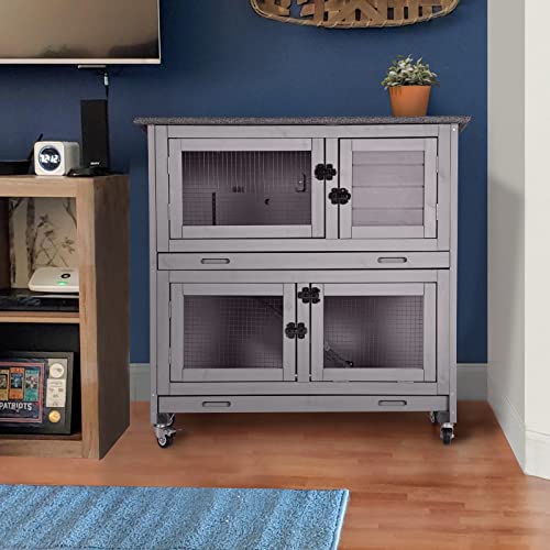 Rabbit Hutch Bunny Cage, Guinea Pig Cage Bunny Hutch Indoor, Wood Pet Cage with 4 Casters -2 Story & 2 Trays GUTINNEEN