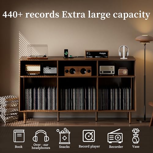 Record Player Stand with Vinyl Storage, Mid Century Modern Vinyl Storage Cabinet with Power Outlet and Sliding Doors, Turntable Stand Table Holds Up to 350 Albums for Living Room (walnut, 55.1"W) tauxkoi