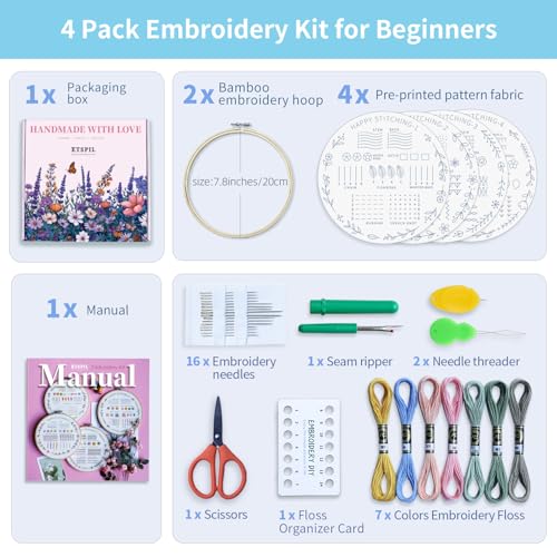 ETSPIL 4 Pre-Printed Embroidery Kit for Adults & Beginners — Learn Step by Step with 4K Videos, Floral Patterns, 33 Beginner-Friendly Stitches, Relaxing Craft at Home