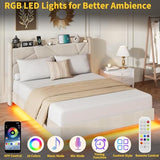 Garvee Queen Size Floating Bed Frame with RGB LED Lights and Charging Station, Upholstered Platform Bed with Storage Headboard and Button Tufted Design, No Box Spring Needed, Beige Garvee