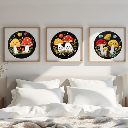 57lilina Embroidery Kit for Beginners, Pack of 3 with Hoops, Threads, Needles - Starter Cross Stitch Supplies for Adults, Gift for Relaxation Craft Lovers, Mushroom Theme