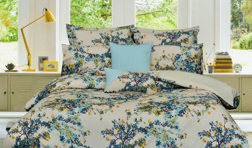Tribeca Living Floral Printed King Cotton Sateen Duvet Cover Set, 300 Thread Count, Oversized, Five Piece Set Includes Duvet Cover, Sham Pillowcases and Decorative Pillows, Casablanca/Beige Tribeca Living