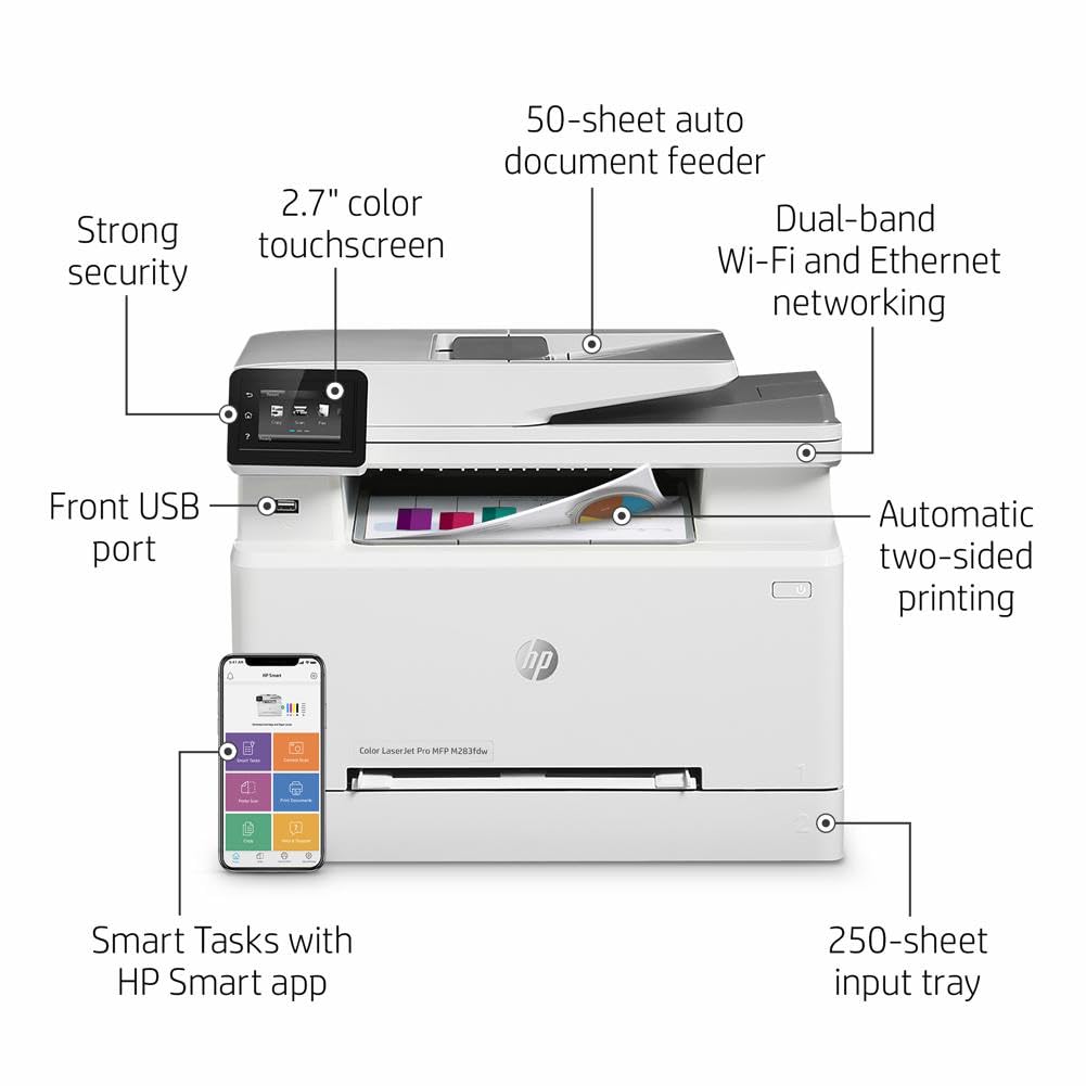 HP Color LaserJet Pro M283fdw Wireless All-in-One Laser Printer, Remote Mobile Print, Scan & Copy, Duplex Printing, Works with Alexa (7KW75A), White