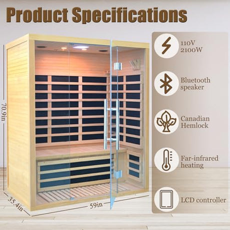 Homsido 2-3 Person Indoor Infrared Sauna, 11 Low EMF Far Infrared Carbon Panel Hemlock Wood Sauna Room Indoor Home Sauna with Tempered Glass Door,Bluetooth Speakers, Chromotherapy Lights(110V, 2100W) Homsido