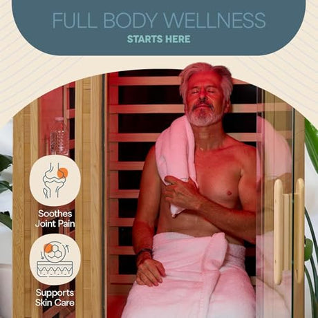 LifePro RejuvaCure 1 Person Far Infrared Sauna for Home - Tempered Glass Door, Oxygen Ionizer, & 7 Chromotherapy Lights for Indoor Sauna - Canadian Hemlock Wood Dry Sauna with Bluetooth Sound System LifePro