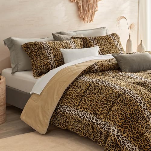 Petrichor Leopard Velvet Flannel Queen Comforter Set-Cheetah Print Western Blanket,Luxury Fuzzy Heavy Bedding Set, 3 Pieces Plush Winter Bed Set with Comforter (90"x90") & 2 Pillow Shams (20"x26") Petrichor