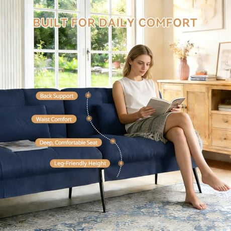COMHOMA 72″Futon Sofa Bed,Modern Convertible Sleeper Sofa, Fabric Futon Couch with Multi-Position Backrest for Living Room Furniture (Blue) COMHOMA