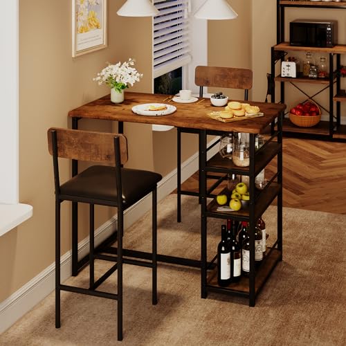 CABIHOME Dining Table Set for 2, Kitchen Table and Upholstered Chairs for 2, 3 Piece Counter Height Bar Table Set with 3 Large Storage Shelves for Small Space, Apartment, Studio, Rustic Brown CABIHOME