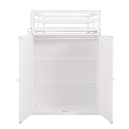 Stylish Twin Loft Bed with Desk and Wardrobe for Kids and Teens, White Wood Frame with Storage Drawers - WoodArtSupply