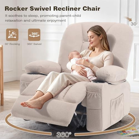 REFICCER Rocker Recliner Chair with Massage and Heat, Oversized Rocking Nursery Recliners Overstuffed Swivel Glider with Cup Holder, Fabric Manual Single Sofa for Living Room, Beige REFICCER