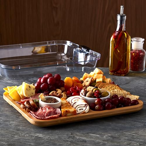 FARBERWARE Build-a-Board Cutting Board with Compartments and Clear Locking Lid for Charcuterie, Snacks, and More-Make it. Take it. Enjoy it, 11x14 Inch, Bamboo - WoodArtSupply