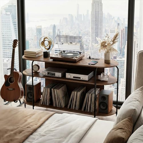 Faesun Large Record Player Stand with Vinyl Record Storage & Power Outlets, Holds 200+ Albums, 3-Tier Turntable Stand for Living Room & Bedroom, Mid Century Round Shelf Design,Walnut Faesun