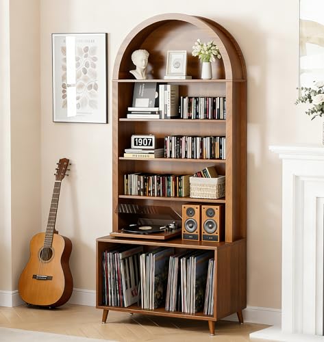 Limaoaio Large Record Player Stand with Vinyl Storage,6-Tier Arched Record Player Table Holds Up 350+ Albums, Turntable Stand with CD/DVD Rack,Vinyl Record Storage for Living Room(Walnut, 31.49''W) Limaoaio