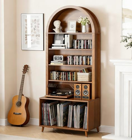 Limaoaio Large Record Player Stand with Vinyl Storage,6-Tier Arched Record Player Table Holds Up 350+ Albums, Turntable Stand with CD/DVD Rack,Vinyl Record Storage for Living Room(Walnut, 31.49''W) Limaoaio
