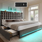 YITAHOME King Size Bed Frame with 4 Drawers and RGB LED Lights, Velvet Upholstered Platform Bed with Charging Station and Storage Headboard, No Box Spring Needed, Easy Assembly, Noise-Free, Grey YITAHOME