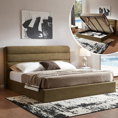 Zanmintaobo Lift Up Storage Bed King Size, Upholstered Platform Bed with Hydraulic System & Wood Slats Support, King Bed Frame with 3-Panel Headboard, No Box Spring Needed, Easy Assembly, Green