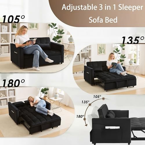 SUNPOKUILN 70" 3-in-1 Velvet Sleeper Sofa Bed, Convertible Pull Out Couch w/Adjustable Back, Armrests & Storage. Modern Black Futon for Living Room, Bedroom, Small Space - 2 Pillows Included Black SUNPOKUILN