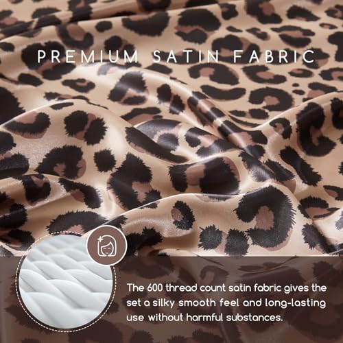 MR&HM Satin Bed Sheets with Elastic Corner Straps, King Size Sheets Set, 4 Pcs Silky Bedding Set with 15 Inches Deep Pocket for Mattress (King, Brown Leopard) MR&HM