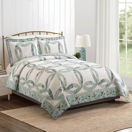 Felicity Wedding Ring 3-Piece Quilt Set - Lightweight Coverlet Set, Floral Vintage Quilted Bedding Set with 2 Shams, All Seasons, King Size, Blue MODERN HEIRLOOM