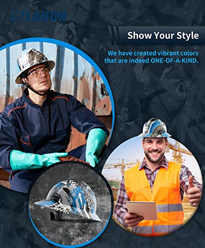LANON Full Brim Hard Hat, OSHA Construction Work Approved, Blue Pattern Design, FRP Safety Helmet with 4 Point Adjustable Ratchet Suspension, Class C LANON Protection