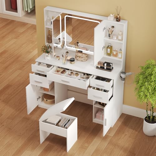Airynee Vanity Desk with Mirror, 9 Drawers Makeup Vanity Tables with Power Outlet, Tri-Folding & 3 Colors Adjustable LED Lighted Mirror, Vanities Desk Set for Bedroom, Dressing Room, White Airynee