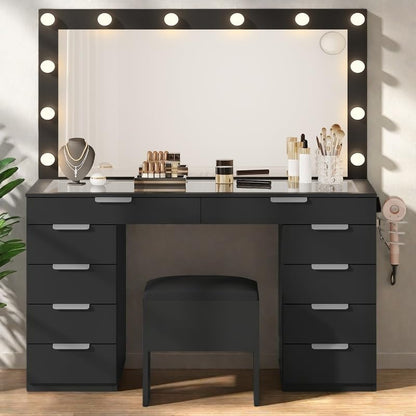 YITAHOME Vanity Desk with Mirror and Lights, Makeup Vanity Set with Glass Top & 10-Drawer, Charging Station, Dressing Table with Storage Chair & 3-Color Brightness Adjustable Lighting, Ink Black